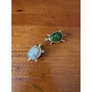 Vintage Turtle Brooch Bundle Avon Green Stone Pearl Rhinestone Set Gold Tone Pin